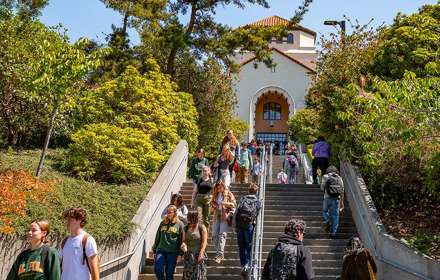Students on Founders Hall stairs