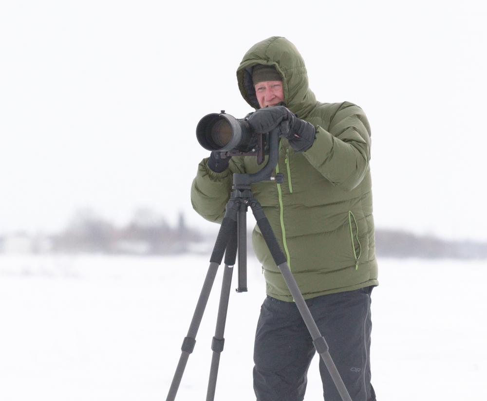 Mike Anderson, professor emeritus of Environmental Resources Engineering and an award-winning bird photographer, is seen photographing Snowy Owls in Canada in February 2015.