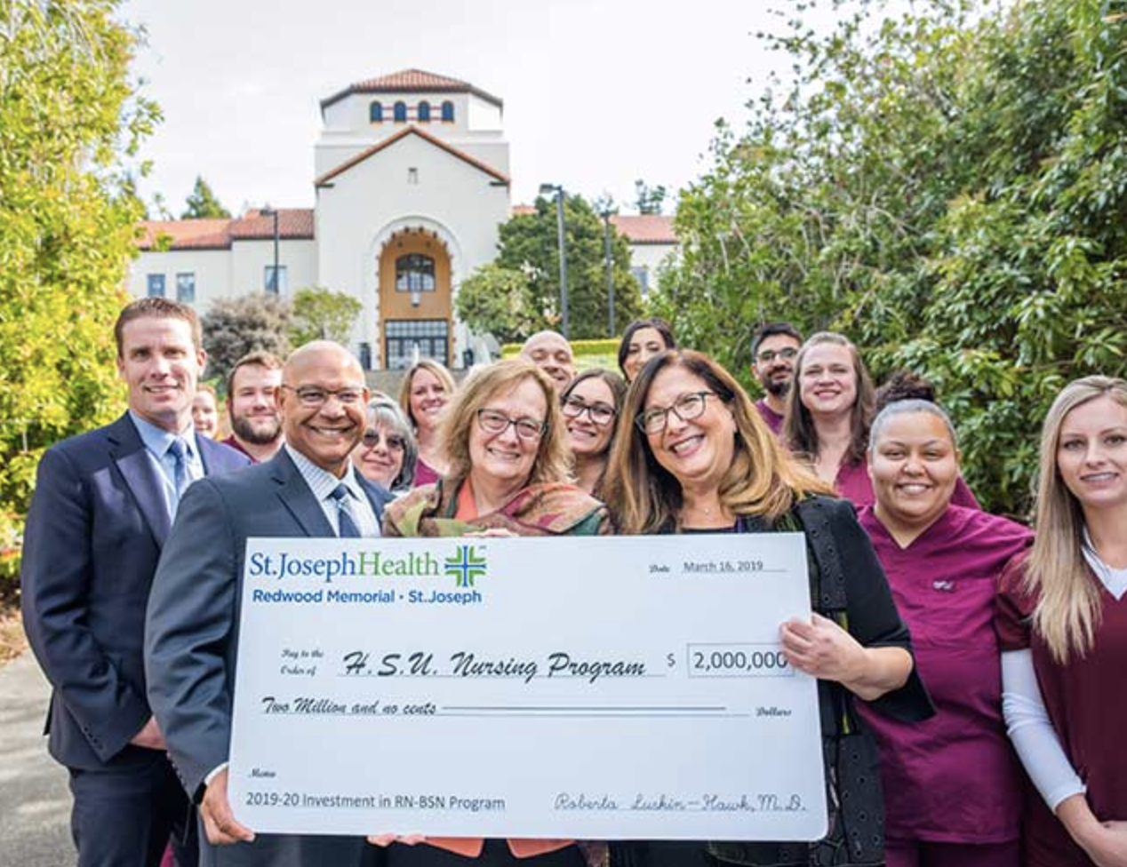 Standing with nursing students are (from left to right) State Senator Mike McGuire; College of the Redwoods President Keith Flamer; Humboldt State University President Lisa Rossbacher; and Roberta Luskin-Hawk, M.D., St. Joseph Health, Humboldt County.