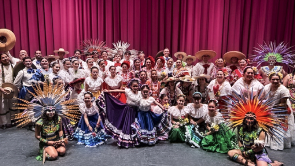 The entire dance group of Ballet Folklorico de Humboldt on the JVD stage.