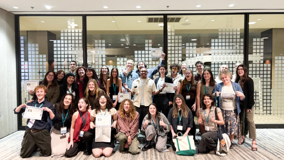 A large group of Humboldt Journalism students at a conference. 
