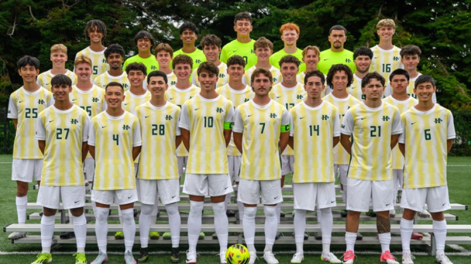 Team photo of Humboldt men's soccer team on the field.