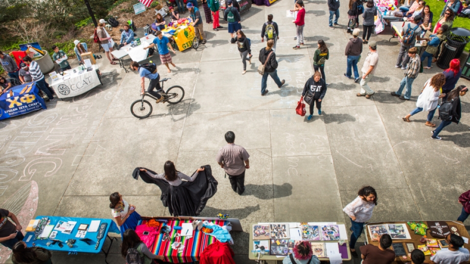 A photo from above at a student club fair on the quad with tables and people walking around.