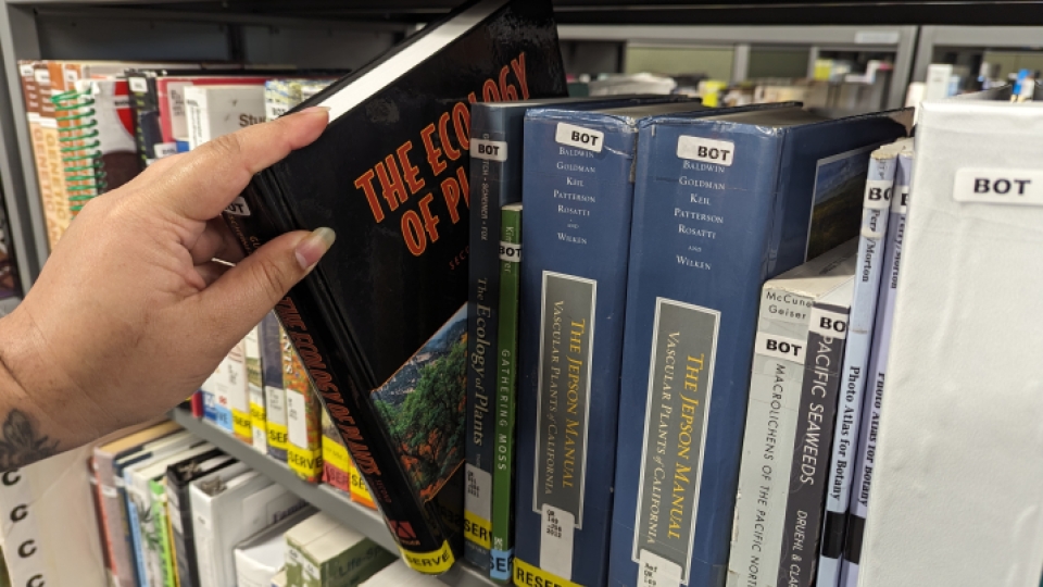 A hand pulling a textbook off a shelf in the library.