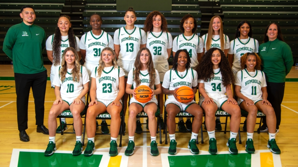 Team photo of 24/25 Cal Poly Humboldt Women's Basketball team in two rows.
