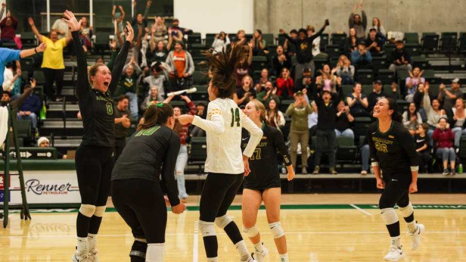 Women's Volleyball team celebrating after a big play in a game.