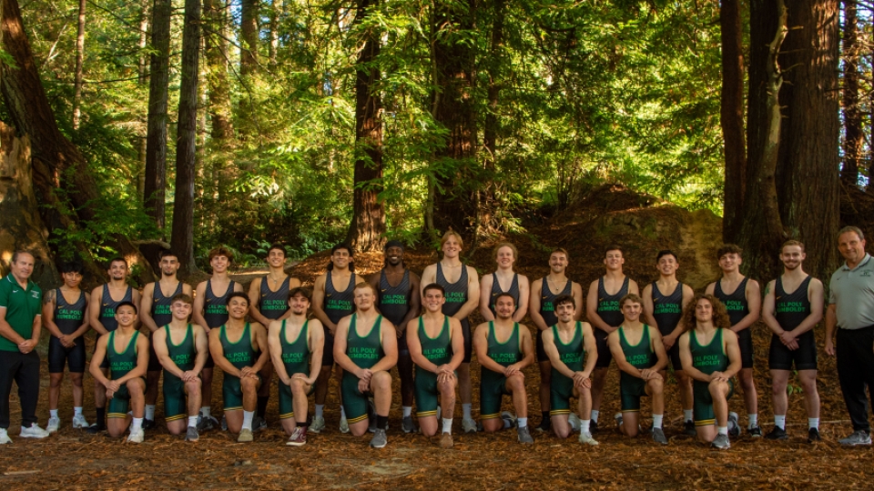 The team photo for wrestling in the Redwood forest.