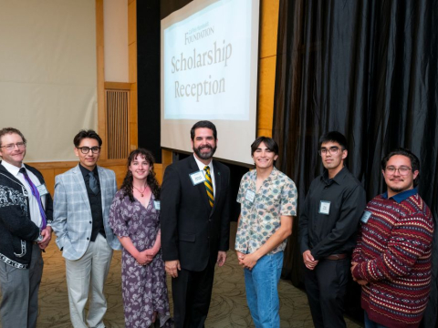 A photo of Cal Poly Humboldt President Richard Carvajal and students who have received scholarships at the annual Scholarship Reception.