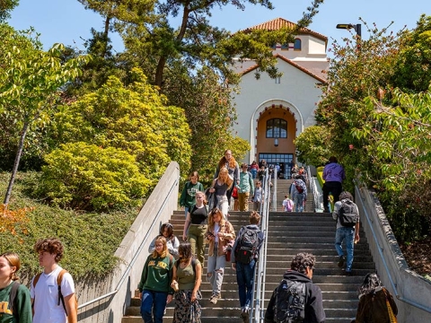 Students on Founders Hall stairs
