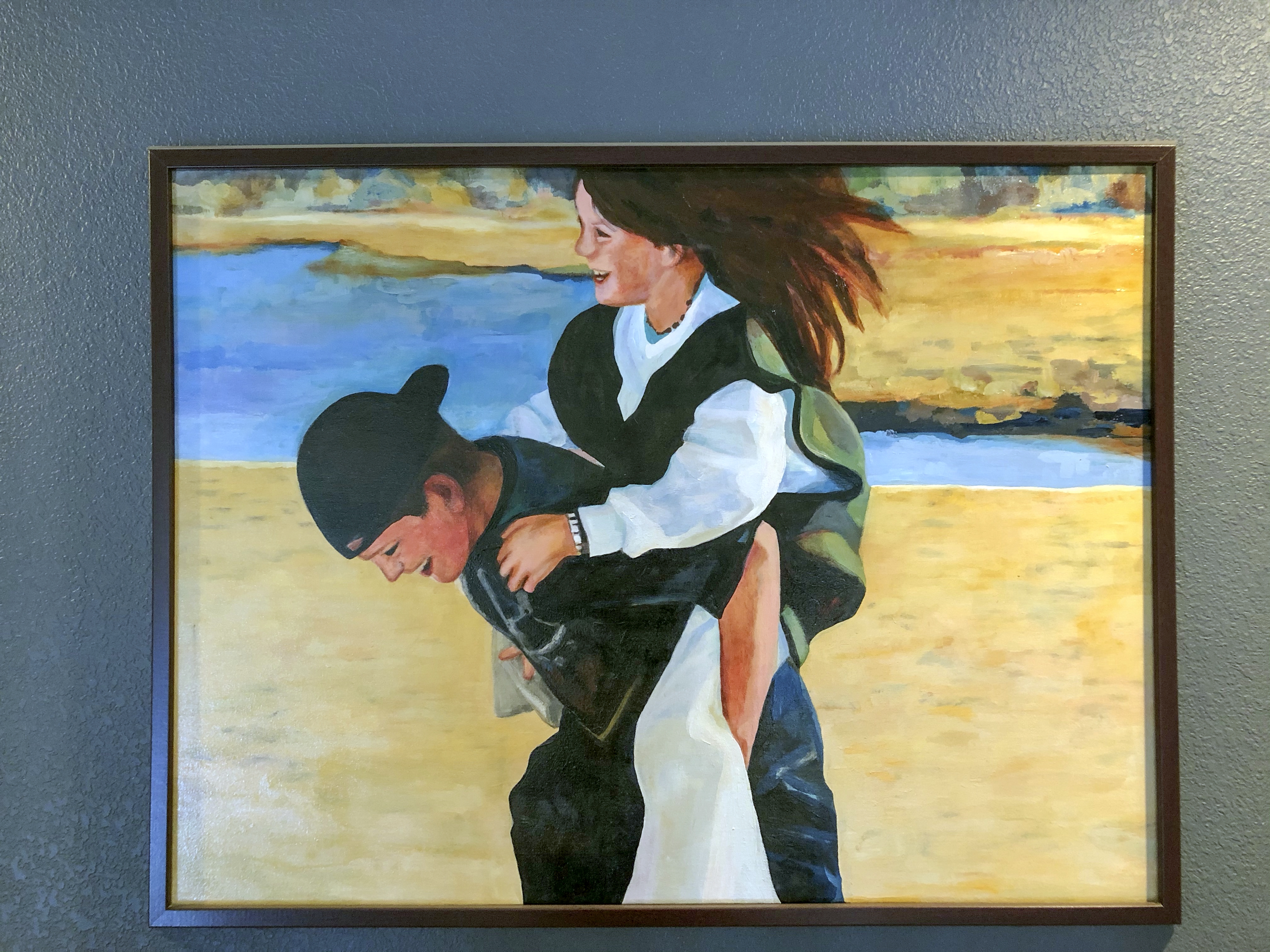 A painting of two children. A boy is giving the girl a piggyback ride. the children are laughing and having fun