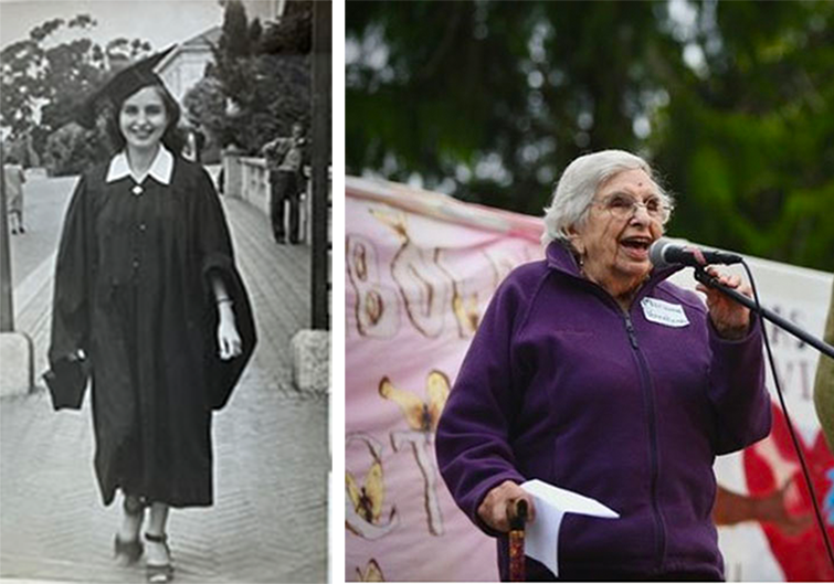 Left: Marianne Pennekamp stands in cap and gown smiling and ready to receive her Masters of Social Work degree at U.C. Berkeley commencement, 1952. Right: Marianne Pennekamp speaks at the ‘Lights for Liberty’ protest.