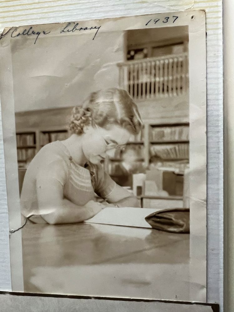 A photo of Virginia Harris studying at the Cal Poly Humboldt Library in 1937.